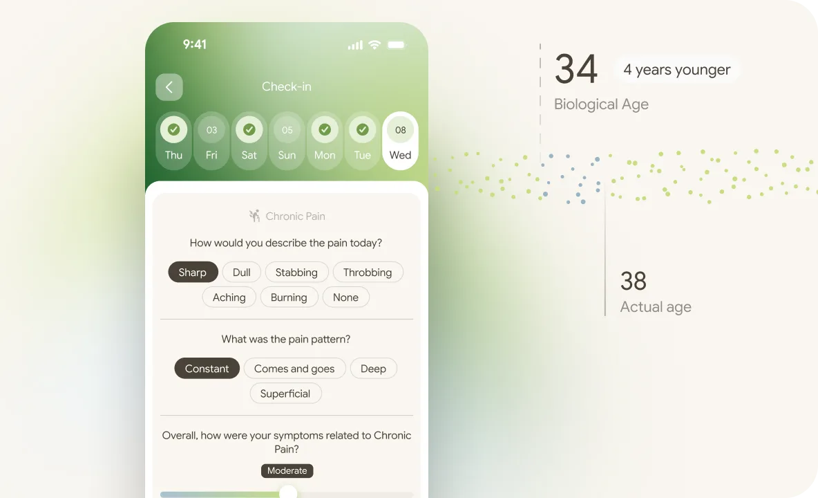 A daily chronic-pain check-in in the Octo app beside a biological age reading